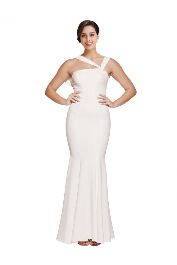 Full Length Square Neck Crepe Prom Dress with Asymmetrical Straps and Bow Back