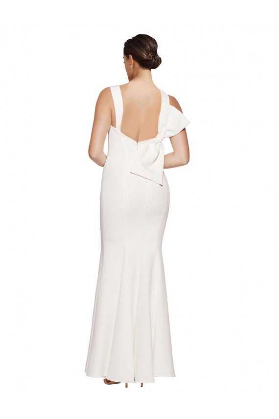 Full Length Square Neck Crepe Prom Dress with Asymmetrical Straps and Bow Back