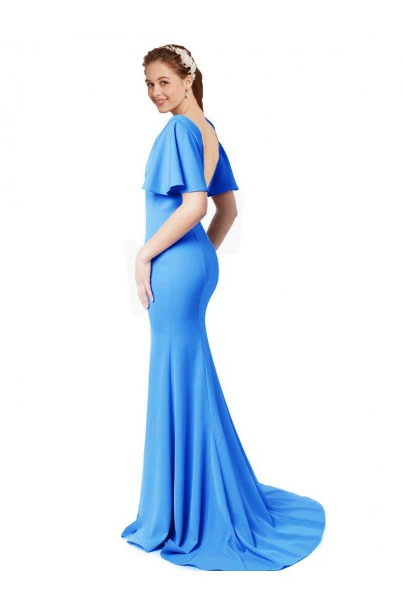 Short Sleeves Long V-Neck Crepe Prom Dress with V-Back