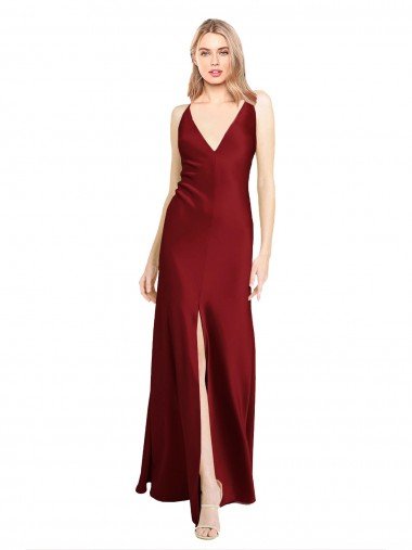 Discount Floor Length Deep V-Back Stretch Satin Prom Dress with Front Slit