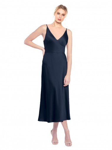 Discount V-Neck Midi Length Short Stretch Satin Cocktail Prom Dress / Homecoming Dress V-Back