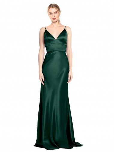 Discount High V-Neck Long Full Length Sheath Stretch Satin Prom Dress