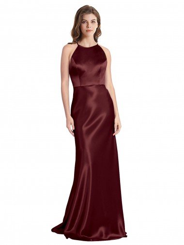 Discount High Neck Halter Long Sleeveless Stretch Satin Prom Dress with Strappy Back