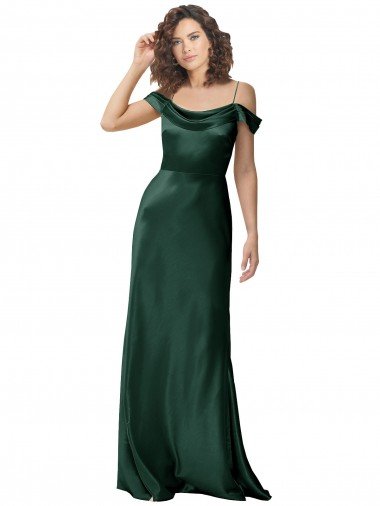 Discount Off the Shoulder Sleeves Long Stretch Satin Prom Dress with Pleated Draped Neckline
