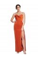 Front Cowl Neck Long Floor Length Stretch Satin Prom Dress with High Side Split