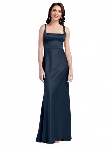 Discount Square Neck A-Line Long Stretch Satin Prom Dress with Wide Straps