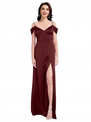 Discount Draped Off the Shoulder Sleeves Slim A-Line Stretch Satin Prom Dress with Side Slit