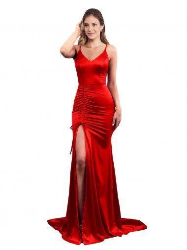 Discount Long Pleated Stretch Satin Prom Dress with High Slit