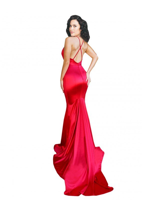 Mermaid Open Back Long Stretch Satin Prom Dress with High Slit