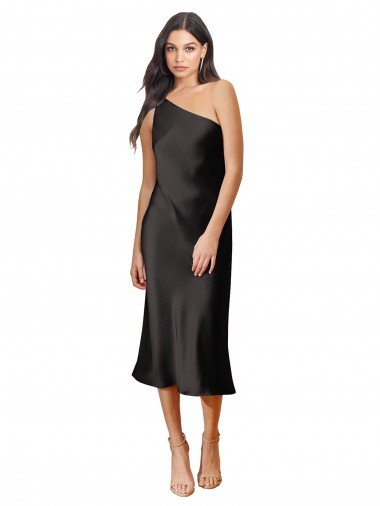 Discount Sleek One Shoulder Midi Length Short Stretch Satin Slip Cocktail Prom Dress / Homecoming Dress
