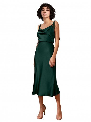 Discount Spaghetti Straps Tie Shoulders Cowl Neck Short Midi Length Stretch Satin Cocktail Prom Dress / Homecoming Dress