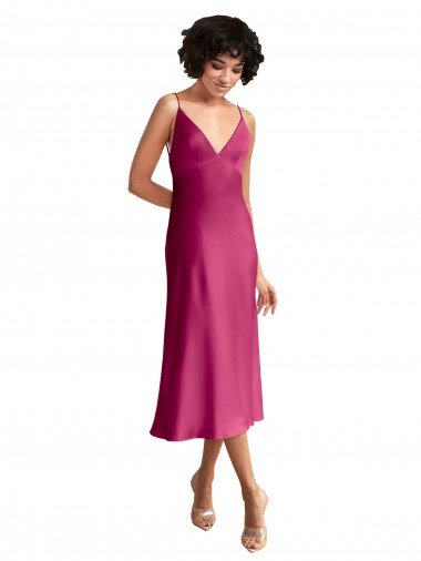 Discount Midi Length V-Neck Short Stretch Satin Cocktail Prom Dress / Homecoming Dress with Low Scoop Back