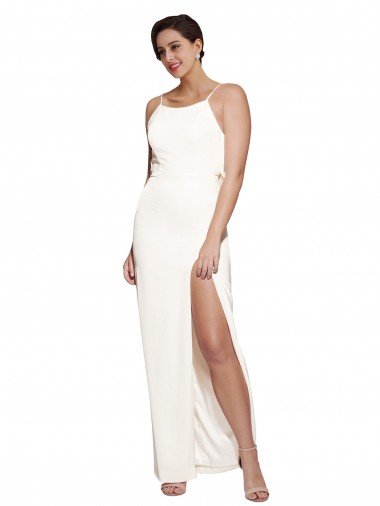 Discount High Neck Stretch Satin Prom Dress with Low Back and Side Slit