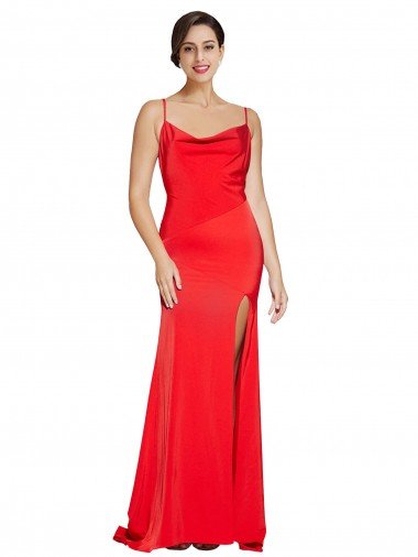 Discount Low Back Cowl Neck Stretch Satin Prom Dress with High Side Slit