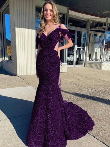 Discount Cold Shoulder Sleeveless Long Court Train Velvet Sequin Prom Dress