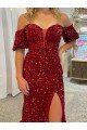 Off the Shoulder Short Sleeves Long Floor Length Velvet Sequin Prom Dress with High Slit