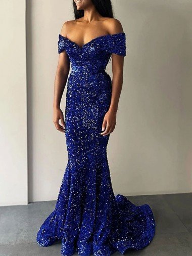 Discount Mermaid Off the Shoulder Sleeveless Long Sweep Train Velvet Sequin Prom Dress