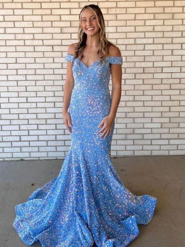 Discount Mermaid Off the Shoulder Sleeveless Long Floor Length Velvet Sequin Prom Dress