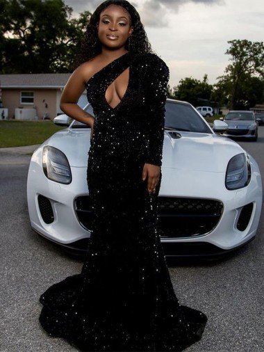 Discount One Shoulder Long Sleeves Long Sweep Train Velvet Sequin Prom Dress