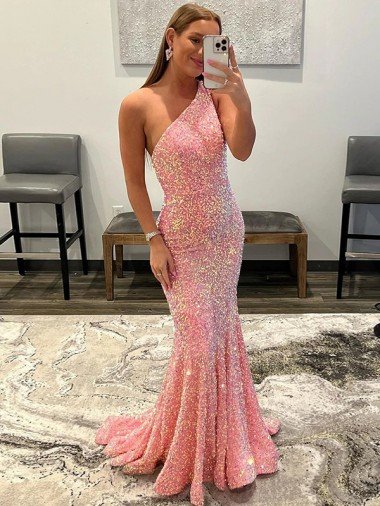 Discount Open Back One Shoulder Sleeveless Long Sweep Train Velvet Sequin Prom Dress