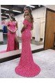 One Shoulder Sleeveless Long Sweep Train Velvet Sequin Prom Dress with Side Slit