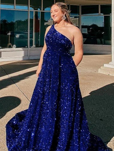 Discount A-Line One Shoulder Sleeveless Long Sweep Train Velvet Sequin Prom Dress with Pockets