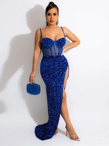 Discount Long Sweep Train Spaghetti Straps Sleeveless Velvet Sequin Prom Dress with Slit