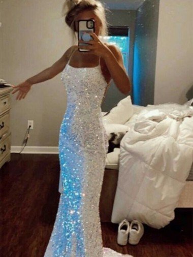 Discount Long Spaghetti Straps Sleeveless Sweep Train Velvet Sequin Prom Dress