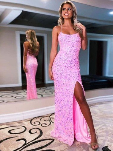 Discount Spaghetti Straps Sleeveless Long Sweep Train Velvet Sequin Prom Dress with Slit