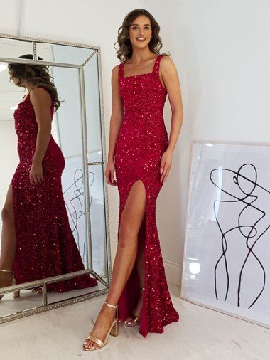 Discount Square Neck Sleeveless Long Velvet Sequin Prom Dress with Slit