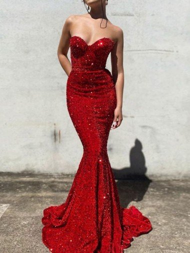 Discount Mermaid Sweetheart Sleeveless Long Court Train Velvet Sequin Prom Dress