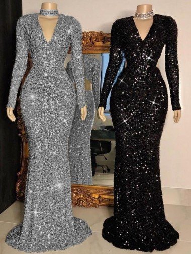 Discount V-Neck Long Sleeves Long Sweep Train Velvet Sequin Prom Dress