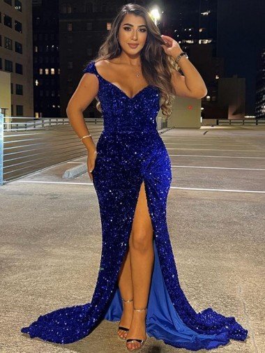 Discount V-Neck Sleeveless Long Sweep Train Velvet Sequin Prom Dress with Slit