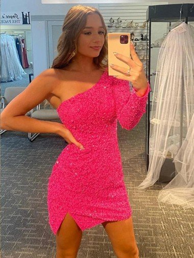 Discount Short Velvet Sequin One Shoulder Long Sleeves Prom Dress