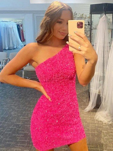 Discount Short One Shoulder Sleeveless Velvet Sequin Prom Dress