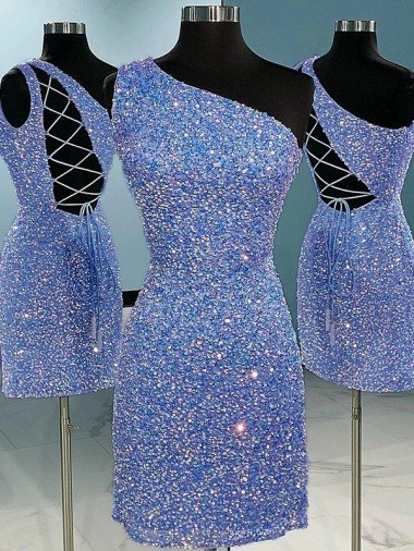 Discount Short Velvet Sequin One Shoulder Sleeveless Prom Dress
