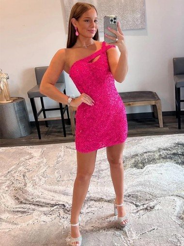 Discount Velvet Sequin One Shoulder Sleeveless Short Prom Dress