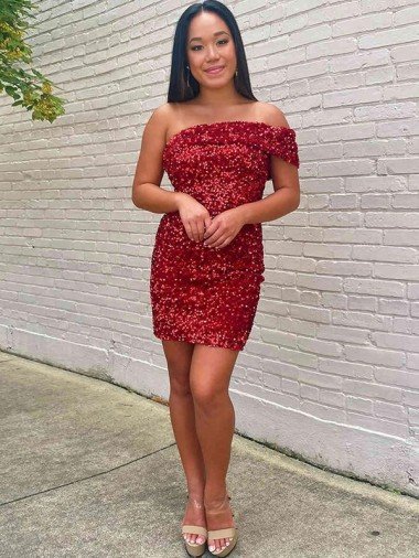 Discount Short One Shoulder Sleeveless Velvet Sequin Cocktail Prom Dress