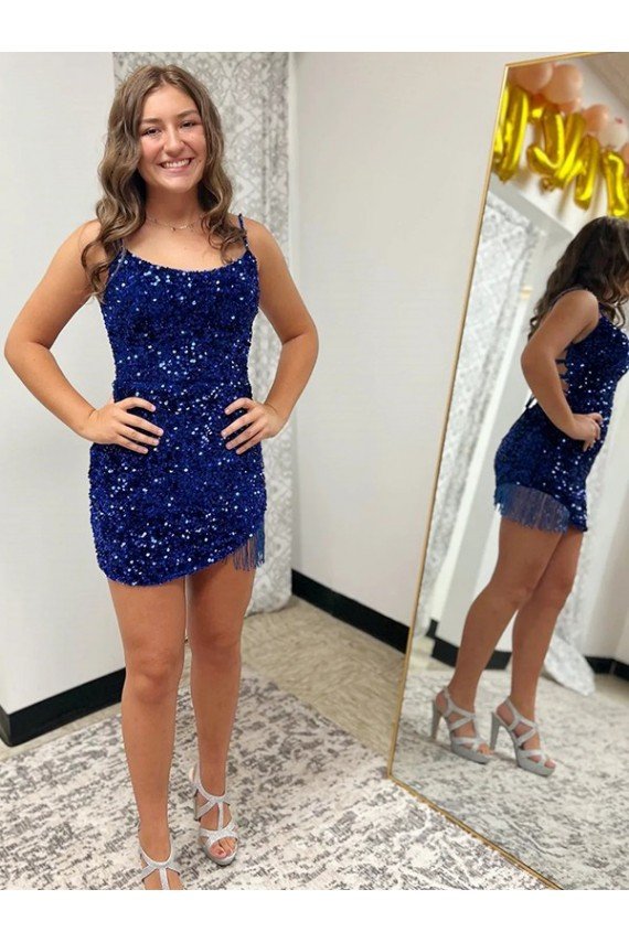Spaghetti Straps Backless Sleeveless Short Velvet Sequin Prom Dress