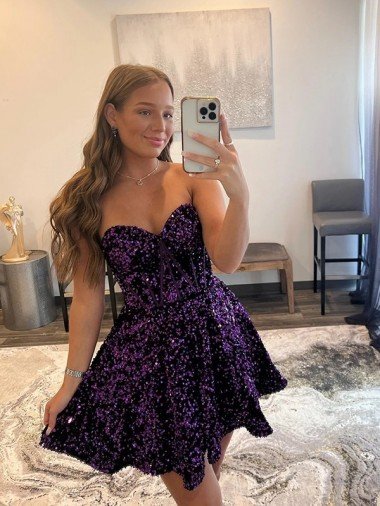 Discount A-Line Sweetheart Sleeveless Short Velvet Sequin Prom Dress