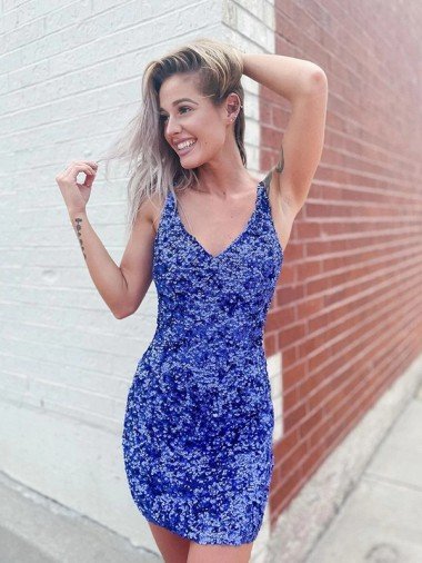 Discount Short Velvet Sequin V-Neck Sleeveless Prom Dress