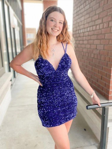 Discount Sleeveless Short Velvet Sequin V-Neck Prom Dress