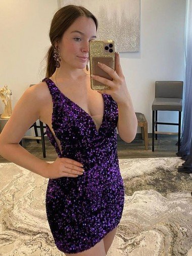 Discount V-Neck Sleeveless Short Velvet Sequin Prom Dress
