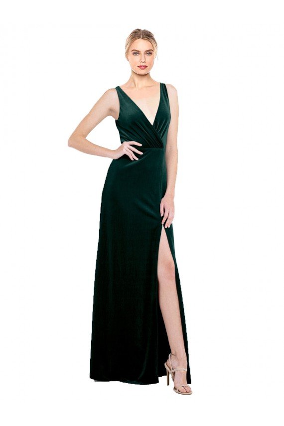 Sleek V-Neck Long Velvet Prom Dress with Side Slit