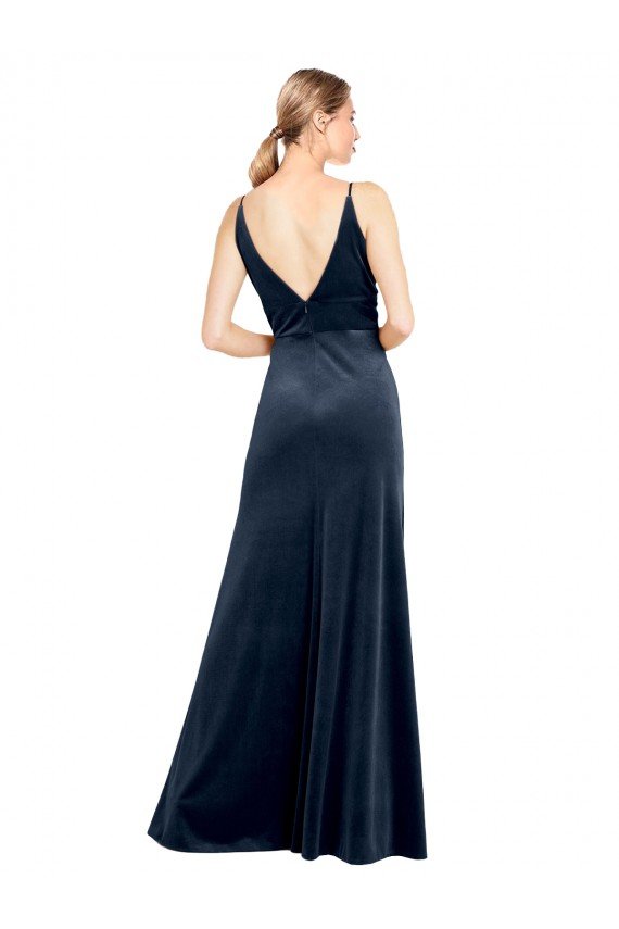 V-Back Long Velvet Prom Dress with Notched V-Neck and Spaghetti Straps