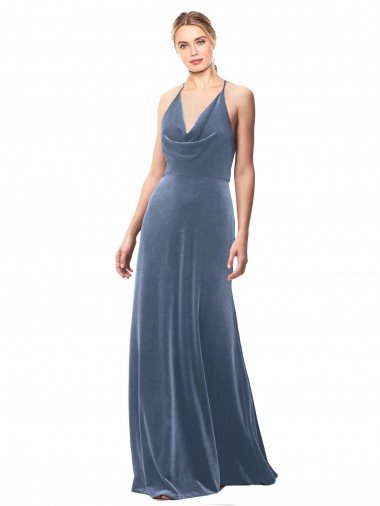 Discount Halter Cowl Neck Long A-Line Velvet Prom Dress with Keyhole Back