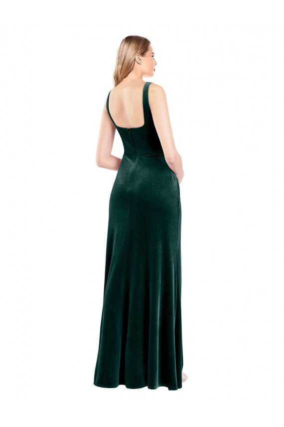 Square Neck Full Length Velvet Prom Dress with Side Slit