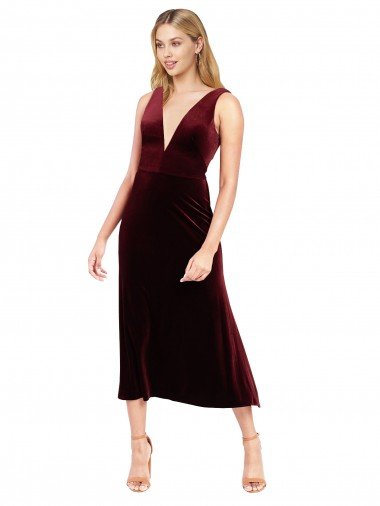 Discount Daring Plunging V-Neckline Short Midi Length Velvet Cocktail Prom Dress / Homecoming Dress
