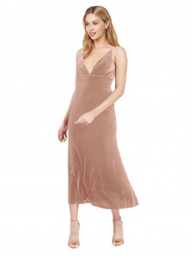 Discount Midi Length Short V-Neck Velvet Cocktail Prom Dress / Homecoming Dress with Notched Neckline