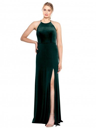 Discount Long Jewel Neck Full Length Velvet Prom Dress with Side Slit